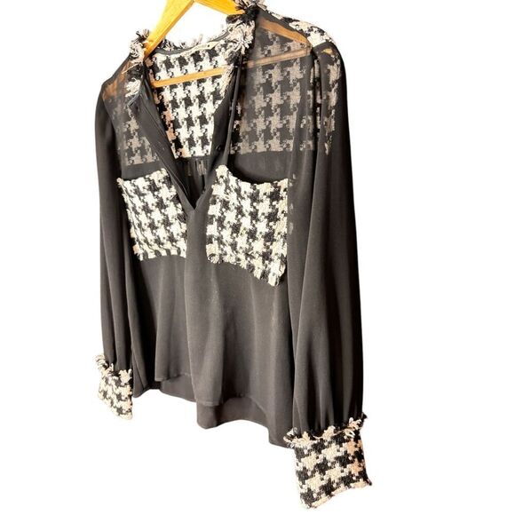 Zara sheer black and white houndstooth tweed pocket blouse sz L - Picture 3 of 6